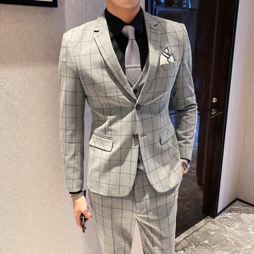 3 Pcs Set Suit Dress Coat Vest Pants / 2021 Fashion New Mens Boutique Business Slim Fit Plaid Blazers Jacket Trousers Waistcoat