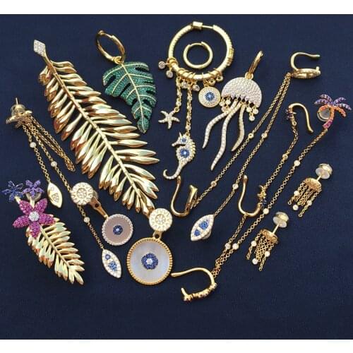 Bulgarian earrings S925 sterling silver golden yellow jellyfish palm leaf small fish starfish seahorse tassel earrings female