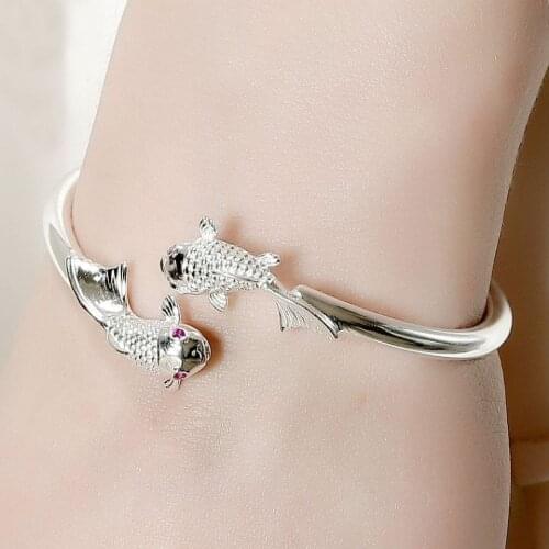 Hot New 925 Sterling Silver Bracelets for Women Noble Fish Cuff Bangle Adjustable Jewelry Fashion Party Girl Student Gift