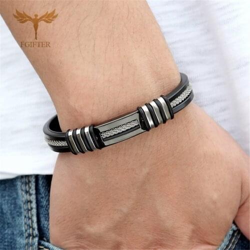 Business Mens Bracelet Zebra Stripe Wristband Groove Design Silicone Bangle Stainless Steel Buckle