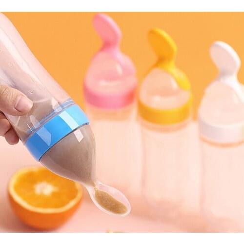 Baby Silicone Safety Bottle Rice Cereal Milk Infant Kids Feeding Bottles With Spoon Paste Baby Food Supplement Bottle Cup