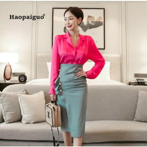 2 Piece Set Plus Size Autumn Women Pink Long Sleeve Turn-down Collar Elegant Office Shirt Top and Knee-length Wrap Work Skirt