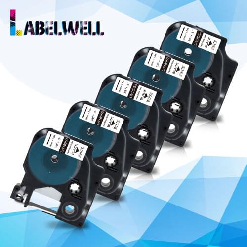Labelwell 5pcs 9mm Industrial Heat Shrink Tube 18053 Black on White Rhino tape compatible for Dymo Rhino 4200 5200 label maker