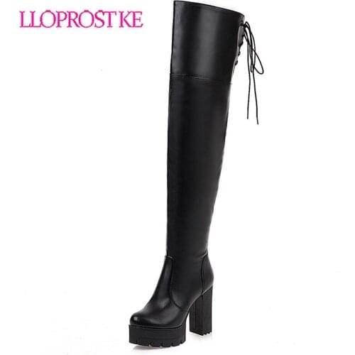 Lloprost ke winter thick chunky high heel thigh high boots for women ladies zipper lace up over the knee tall boots female shoes