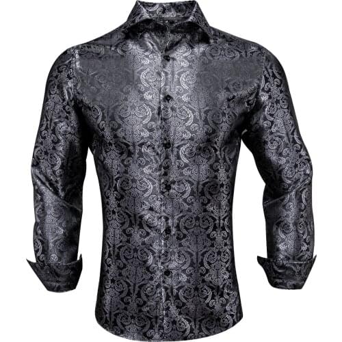 Hi-Tie Black Silver Paisley Floral Silk Mens Shirt New Arrival Slim Fit Male Shirt Long Sleeve British Style Mens Shirt Office