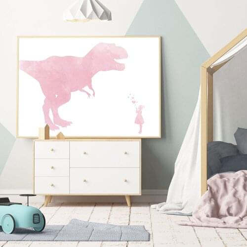 Wall Art Canvas Painting Pink Girl Dinosaur Animal Art Prints Nordic Poster And Print Wall Pictures Baby Nursery Kids Room Decor