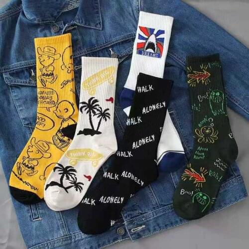Socks Pack Men Women Trend Street Fashion Letters Socks Funny Cartoon Socks Hiphop Korean Long Basketball Socks Yellow