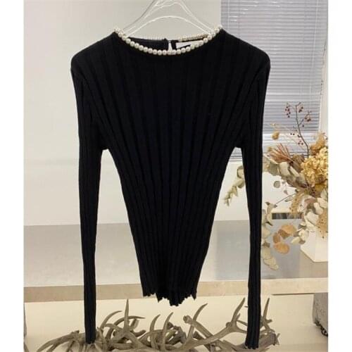 2020 Spring Autumn New Pearl Round Neck Long Sleeve Pullover Knit Sweater Women Elegant Lady OL Side Slit Black Slim Base Shirt
