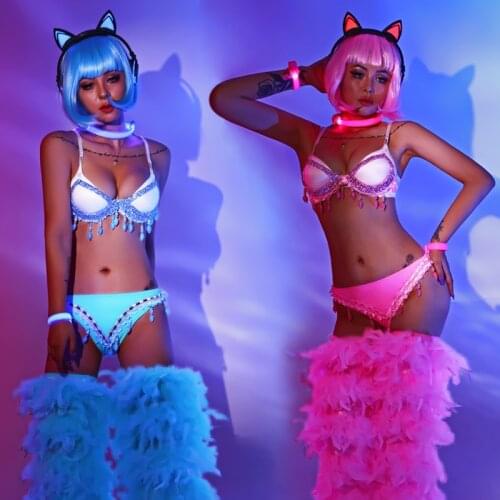 Nightclub Music Festival Clothing Fluffy Foot Sleeves Gogo Dance Costume DJ Show Bikini Rave Party Sexy Outfit For Women BL4891