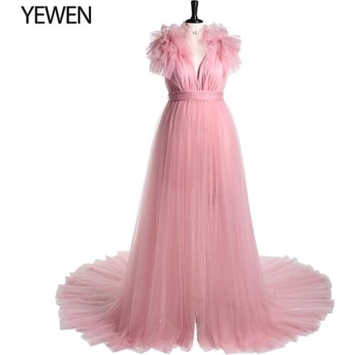 Double V Neck Maternity Dress Long Robe for Photoshoot Shoulder Ruffles Photography Maxi Gown Baby Shower Dress YEWEN