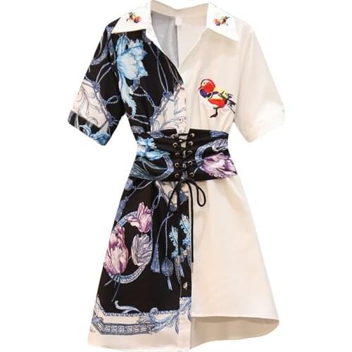 PERHAPS U Women Turn Down Collar Shirt Dress Short Sleeve Belt Sash Lace Up Floral Embroidery D2138