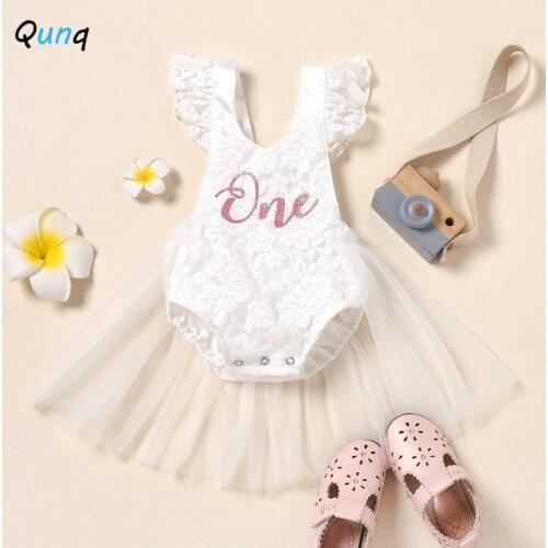 Qunq Lace Flower Baby Romper 2021 New Summer Mesh Newborns Princess Costume 1 Year Birthday Party Clothes Infant Girls Outfits