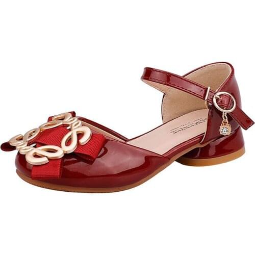 Fashion kids sandals girls Letter metal buckle children shoes patent leather bowtie ballet flats square toe Princess dance shoes