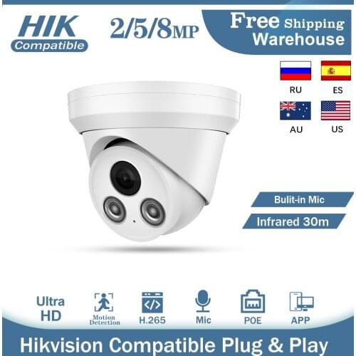 Hikvision Compatible 8MP 5MP 2MP Network IP Camera H.265 POE Built-in Mic Outdoor CCTV Surveillance Camara 1080P Infrared IR30M