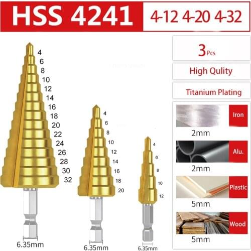 3PCS HSS 4241Step Drill Bit Titanium Coated Pagoda drill 4-12 4-20 4-32 straight Cone Drill for metal wood reamer