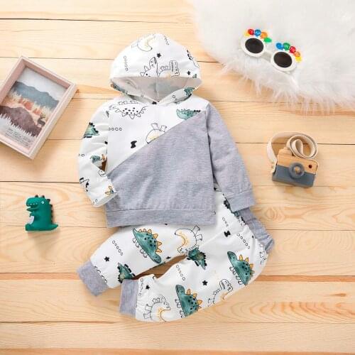 TELOTUNY Baby Boys Hoodie Suit Cartoon Dinosaur Printed Hooded Sweatshirt Tops+Pants Outfits 2021 Autumn Kids Clothing Set