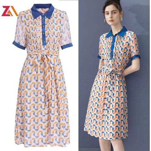 ZALady Designer Geometric print midi dresses for women summer short sleeve ruched bow plus size casual office dress vestido robe