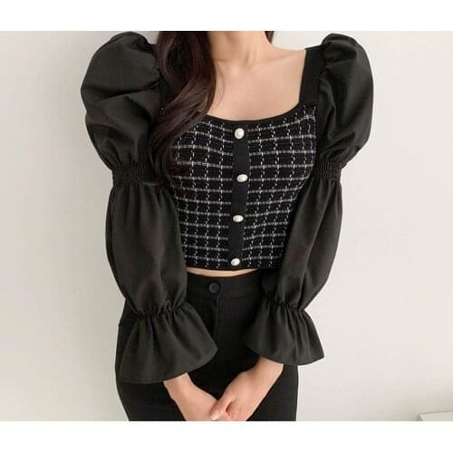 Women Chic French Style Retro Knitted Patchwork Shirt Sexy Square Collar Slim Fit Blouse Women Flare Sleeve Femme Blusas PL371