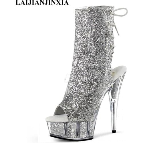 LAIJIANJINXIA New 15 cm Stiletto Heels Women Boots Sexy Ankle Boots Black Silver Party Club Model Pole Dancing Shoes Dance Boots
