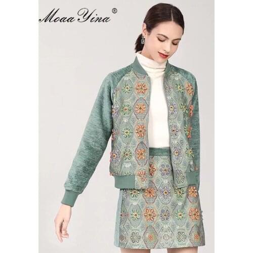 MoaaYina Fashion Runway Autumn Skirt Suit Womens Beading Floral print Long sleeve Coat and Short skirts Two Piece Set
