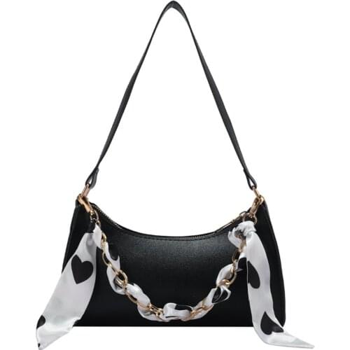 Fashion Women Silk Scarf Soild Color Chain Shoulder Underarm Bag Ladies Casual PU Leather Small Purse Handbags