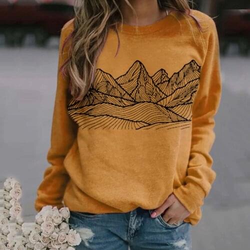 Women Sweatshirts Mountain Pattern Long Sleeve Loose O-Neck Casual Print Pullovers Elegant Autumn sudaderas vintage mujer