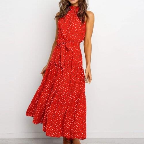 2021 Summer bohemian beach dress Halter Neck Round Neck High Waist Large Dress Polka Dot Print Lace Sleeveless Dress