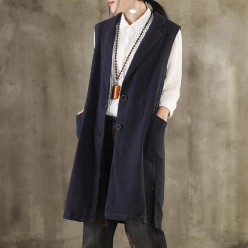 Autumn New Loose Sleeveless Cotton and Linen Suit Collar Vest Mid-length Sleeveless Female Vest Waistcoat Spring Casual Top k715