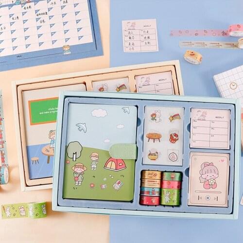 1Set Notebook Stickers Tape Gift Set Kawaii Note Magnetic Buckle Notebook Stationery Diary Portable Traveler Journal Set