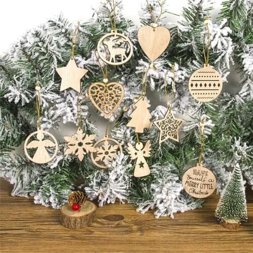 12Pcs/set Wooden DIY Christmas Tree Hanging Ornaments Pendant Angel Elk Star Shape New Year Decor Christmas Decorations for Home