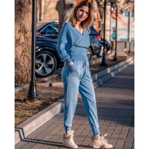 Allcolor Women Clothing Winter 2 PCS Tracksuits for Women Knitted V Neck Sweater + Overall Drawstring Carrot Pants Two Piece Set