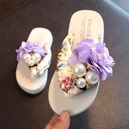 Summer Childrens Girls flip-flops Beach Sandals For Kids Teenager Floral Pearls Slippers 5 7 8 10 12 13 14 15 16 Years old New