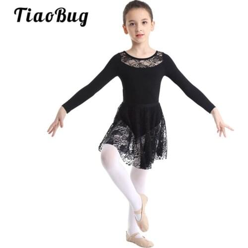 TiaoBug Kids Long Sleeve Lace Splice Ballet Tutu Dress Ballerina Party Cotton Leotard Ruffle Skirt Set Girls Gymnastics Leotard