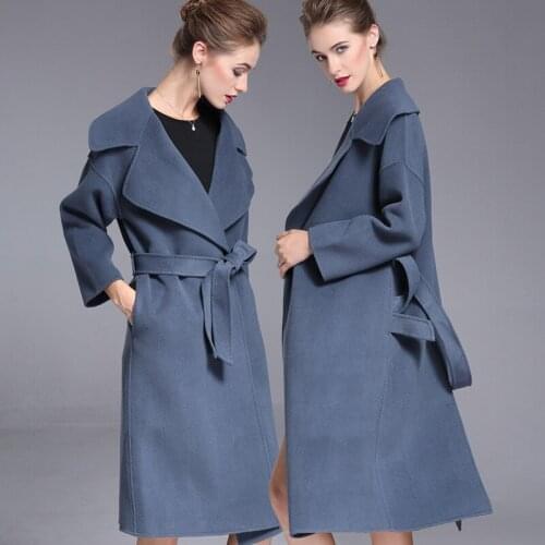 Long woolen blends cashmere coats for women 2019 autumn winter ladies jackets plus size overcoat double sided navy office belt