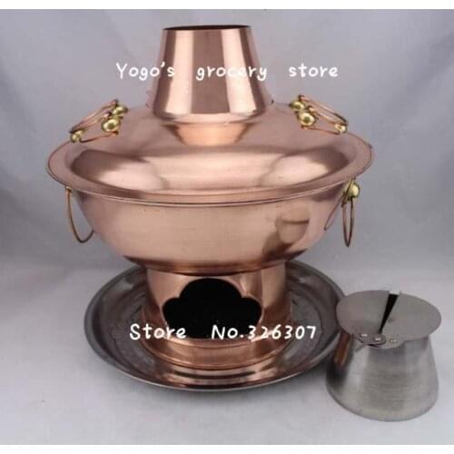 38cm China copper hot pot thickened Mongolian Chinese charcoal fondue soup pot fire tube stainless steel disc set chaffy dish