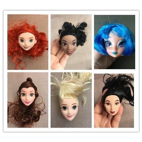 Disney Cute Princess Elsa Anna Mermaid Moana Mulan Girl Doll Heads Long Hair Baby Doll Head Soft Colorful Hair Accessories Parts