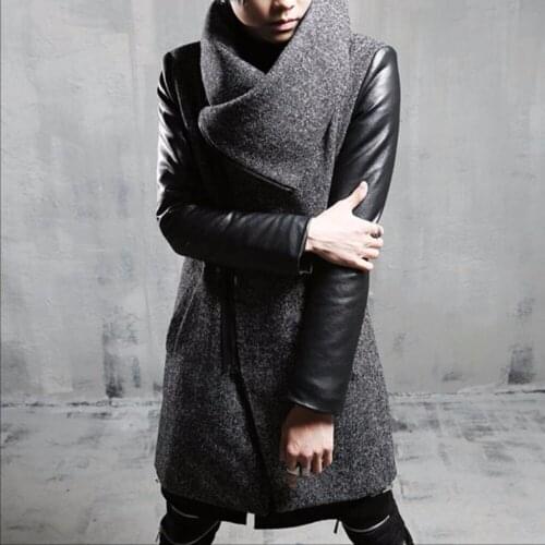 New Winter Men Cotton Thermal Outerwear Slim Woolen Medium-long Trench Hairstylist Tide Casual Leather Sleeve Patchwork Coats