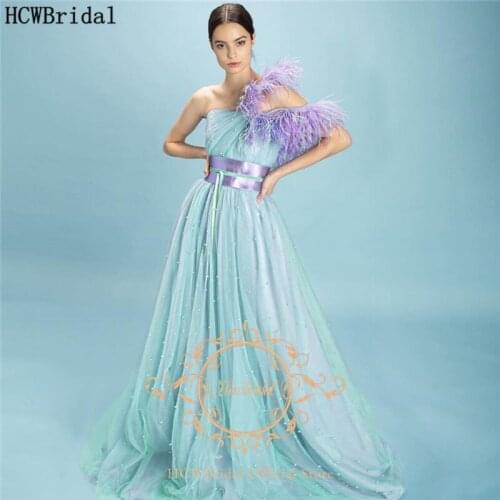New Mint Green Long One Shoulder Arabic Evening Dress Lavender Feather Pearl Tulle Plus Size Formal Dresses Robe De Soiree