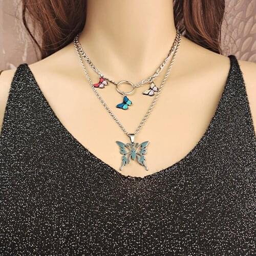 Europe America Necklaces Fashion Double Layer Chain Chokers Jewelry Punk Geometric Hollow Butterfly Pendant Necklace For Women