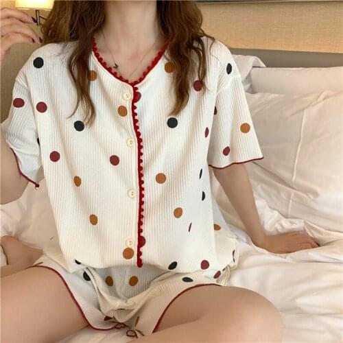 2PCS Shirt&Pant Pajamas Set Womens Summer O-neck Sleepwear Polka Dot Home Cloth Sweet Casual Style Nightwear Striped Loungewear