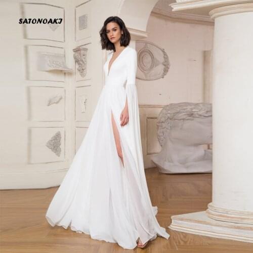 Beach A Line Wedding Dress Side Slit Chiffon Bridal Gowns Elegant Long Sleeves Vestidos De Noiva Mariage Undefined Online Shop