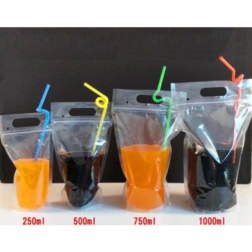 Empty 250ml 500ml 750ml 1000ml transparent Drink Bags Pouches Zipper Stand-up Plastic Drinking Bag with straw and handle