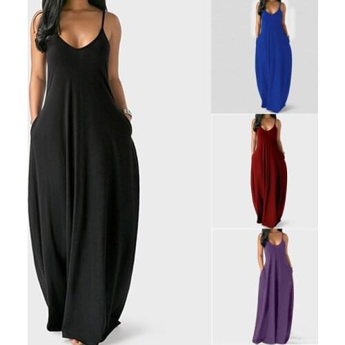 S-5XL Plus Size Dress Women Pocket Loose Waist Summer Dress Beach Spaghetti Strap Boho Solid Color Long Dresses Casual Clothing