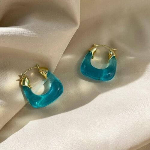 2021 Retro Colorful Resin Transparent Circle Hoop Earrings Geometric Gold Metal Round for Woman Girls Travel Jewelry