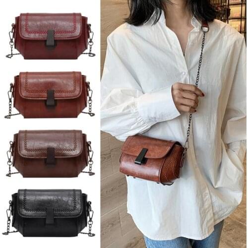Vintage Solid Color Women Shoulder Messenger Bag Girls PU Leather Purse Chain Crossbody Handbags