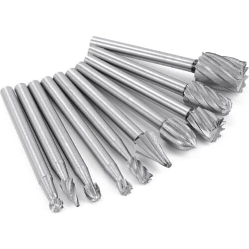 WSFS Hot 10pcs HSS Tungsten Carbide Rotary Cutting Burr Set Grinder Bit 1/8 inch (m) Shank Woodworking Carving Tools