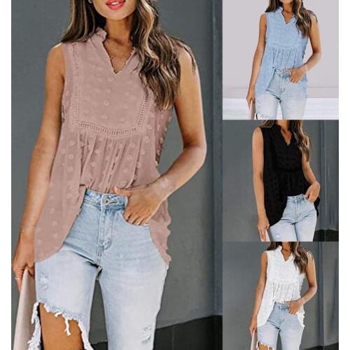 Fashion and Design Women Office Sleeveless Chiffon Dot Print V Neck Off Shoulder Bohemian T-shirt Vest Streetwear for Daily Life