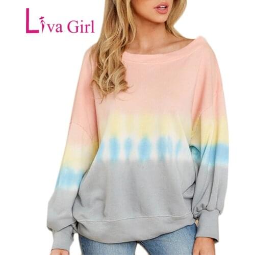 LIVA GIRL Loose Ombre Tie Dye Print Sweatshirt Women O-neck Long Sleeve Tops Casual Oversized Hoodies Female Spring Autumn S-XXL