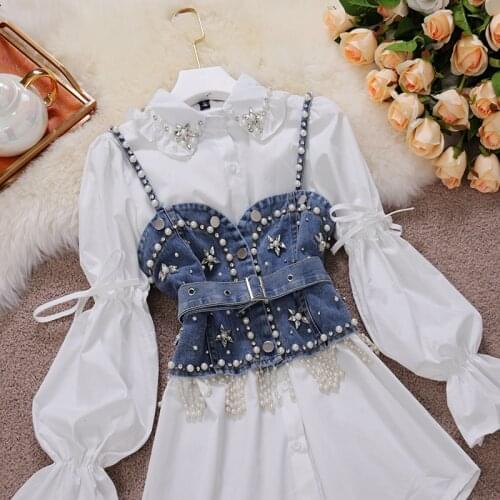 High Quality Shinny Diamond Beaded Denim Vest White Shirt Dress 2pcs Suits Puff Sleeve Blouse + Tassel Pearl Sets Female Fashion