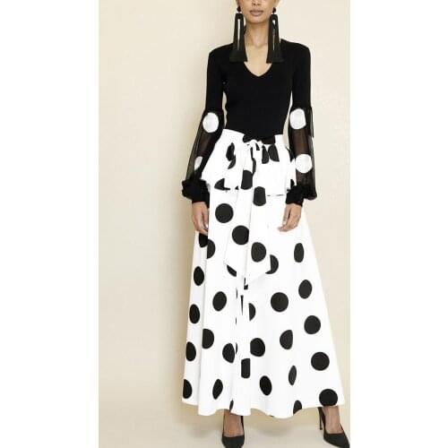 See Orange White Black Women Two Piece Outfits Summer 2018 Lady Two Piece Suit Sexy V neck Blouse Dot Skirt Set SO1131